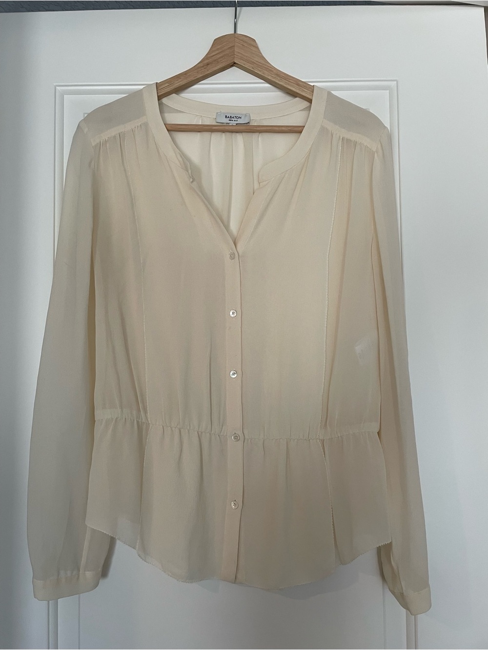 Babaton Ivory Long-Sleeve Button Front Peplum Blouse